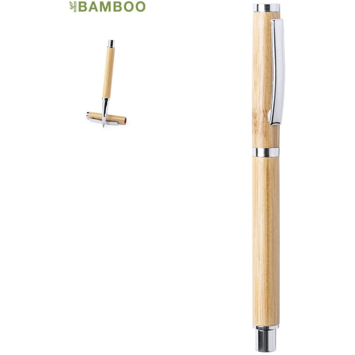 A bamboo pen with a silver clip and accents, featuring a sleek design and natural wood finish.