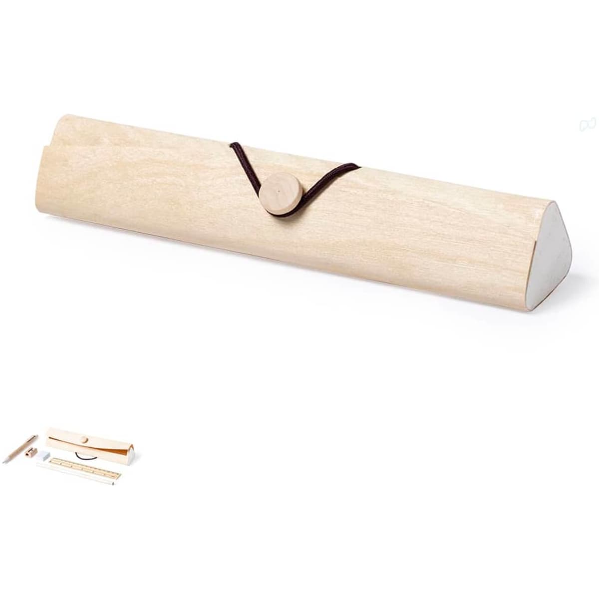 A wooden pencil case in a light finish, featuring a rounded design and a leather strap closure. It has a logo.