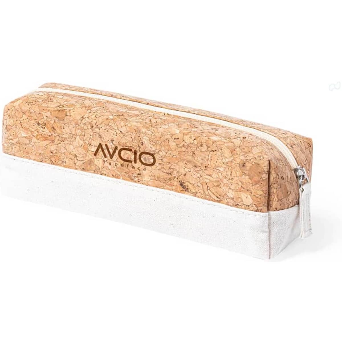 A cork pencil case with a white bottom and a zip closure. Features a logo on the side.