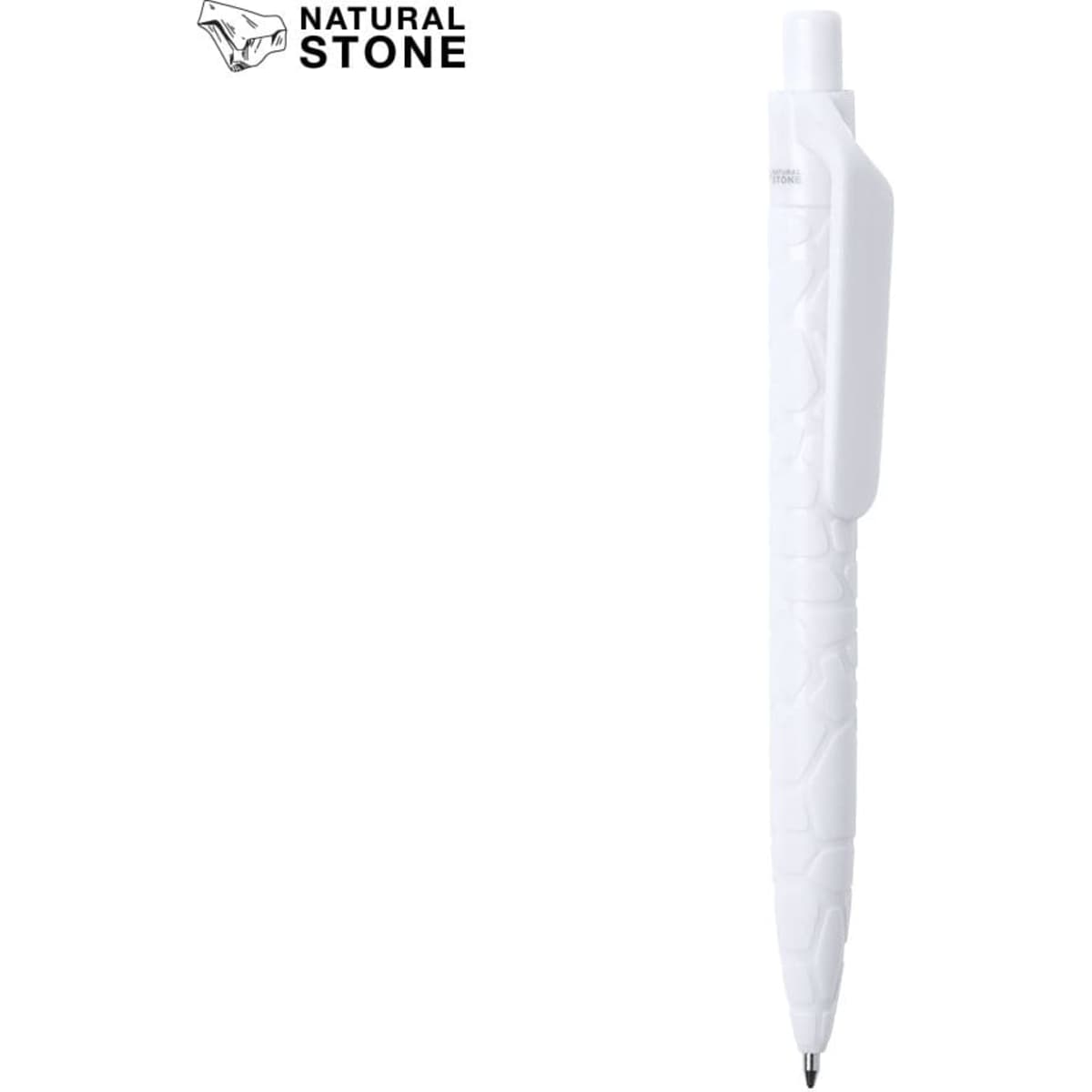 A white pen with a textured design and a clip. The pen features a logo at the top.