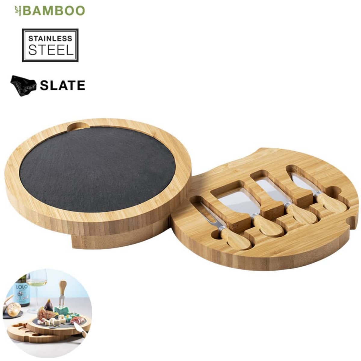 A cheese knife set featuring a slate board and bamboo storage with stainless steel utensils.