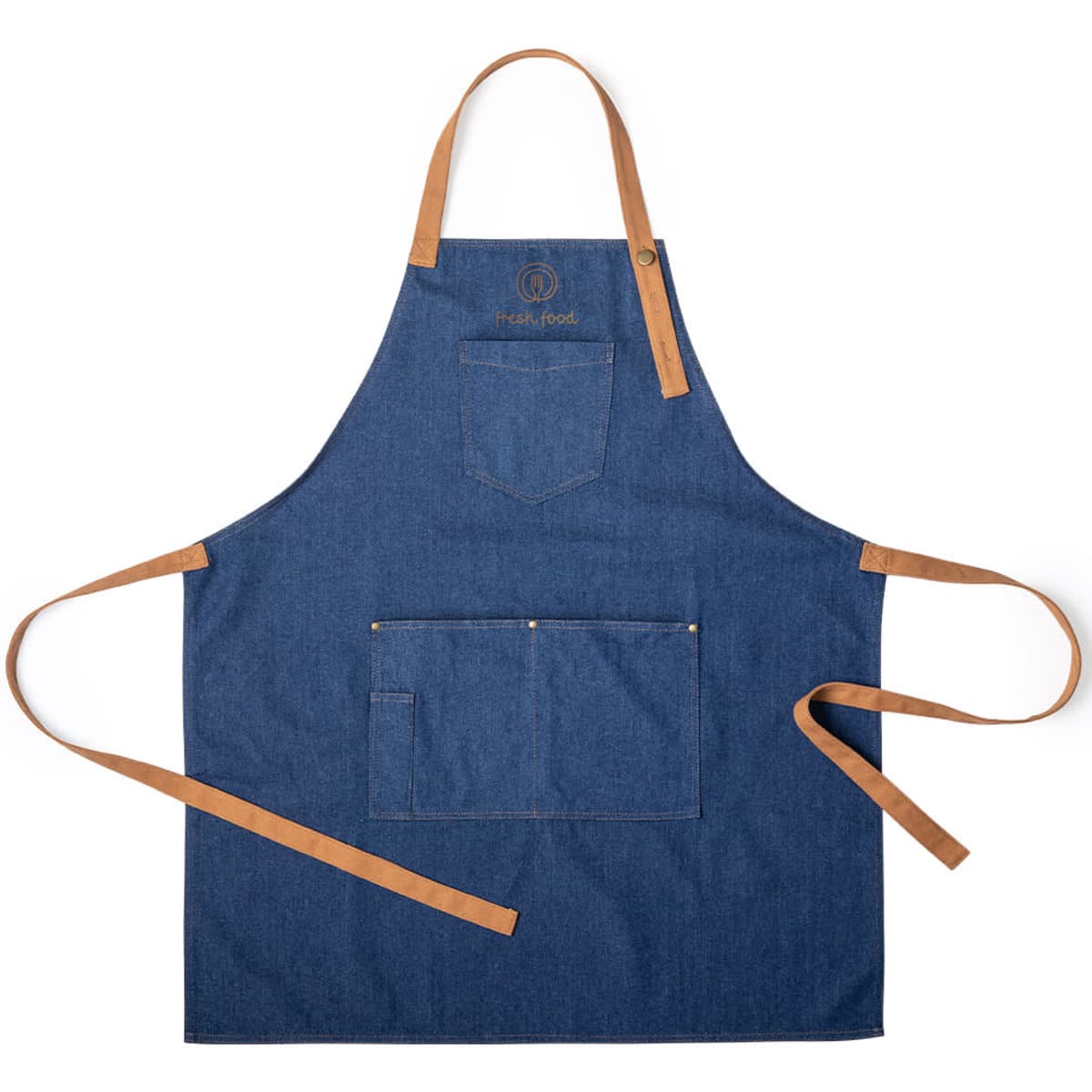 A dark blue apron featuring a chest pocket and a large front pocket with tan straps. It includes a branding logo.