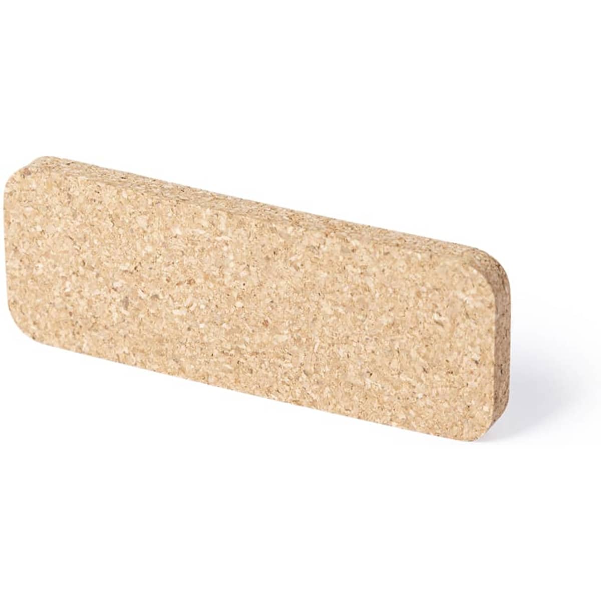 A rectangular cork name badge with rounded edges, featuring a natural tan colour and a simple, unbranded design.