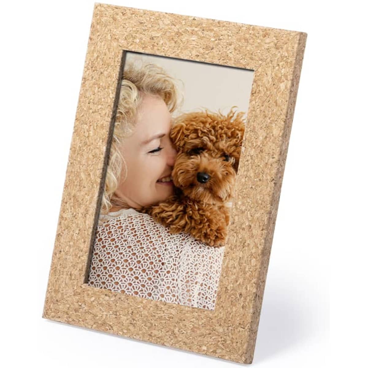 A cork photo frame featuring a smiling woman holding a brown dog, with a simple and natural design.