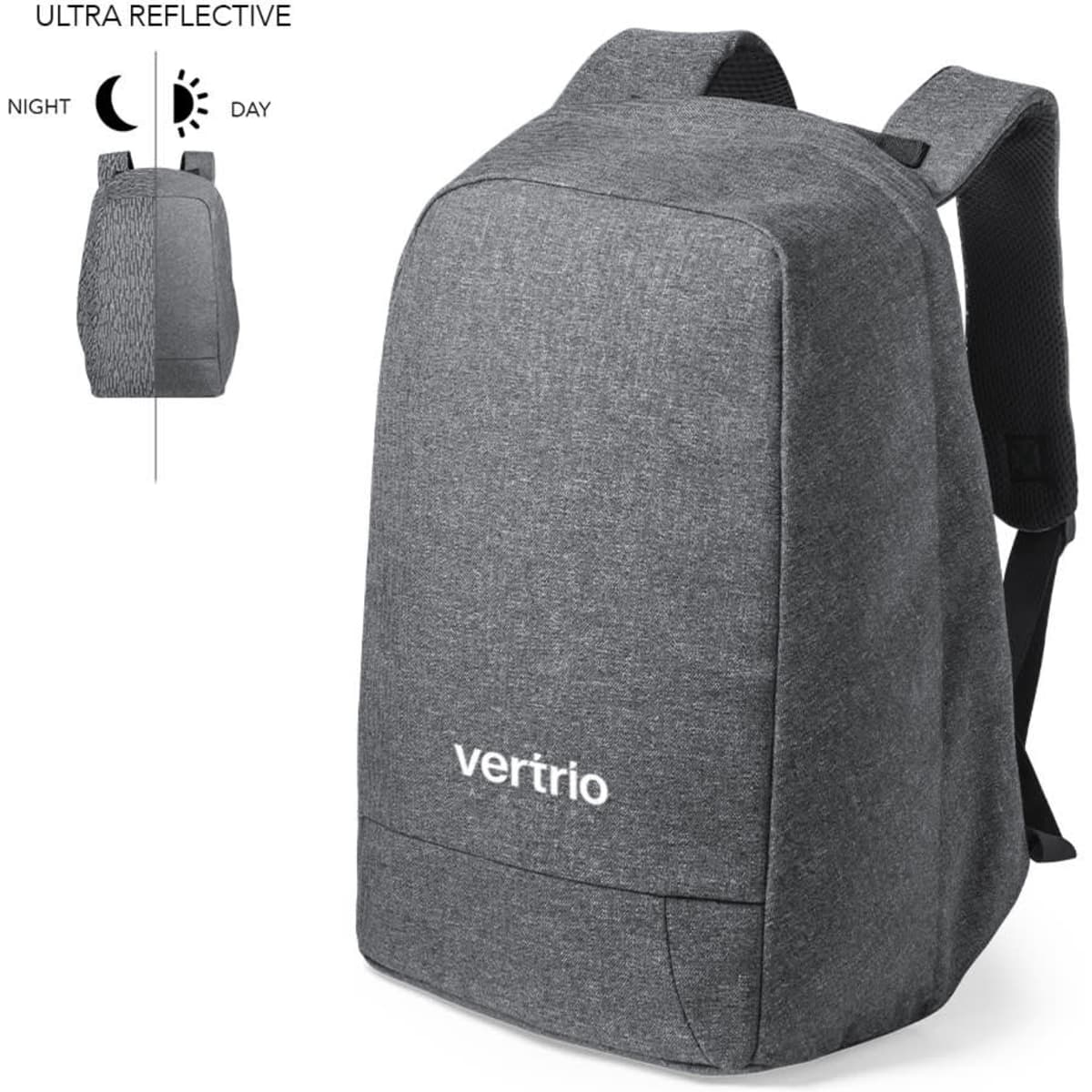A grey anti-theft backpack with a sleek design, featuring a logo and adjustable straps. Suitable for day and night use.