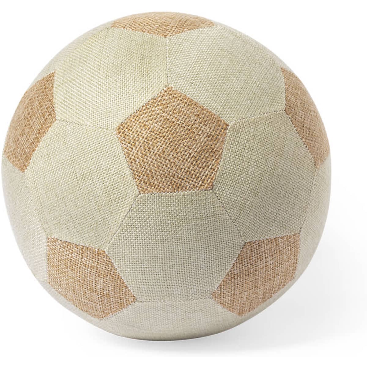 A sports ball featuring a hexagonal design in beige and light brown tones with a textured surface and a logo.