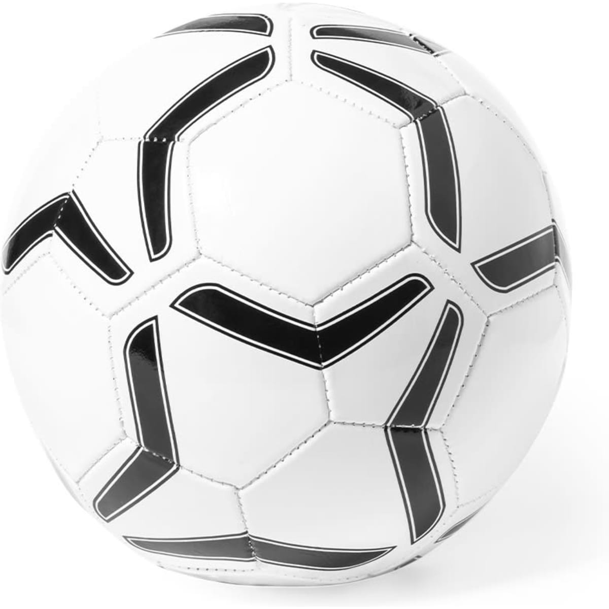 A soccer ball in white with black accents and a classic pentagon design. It features a logo.