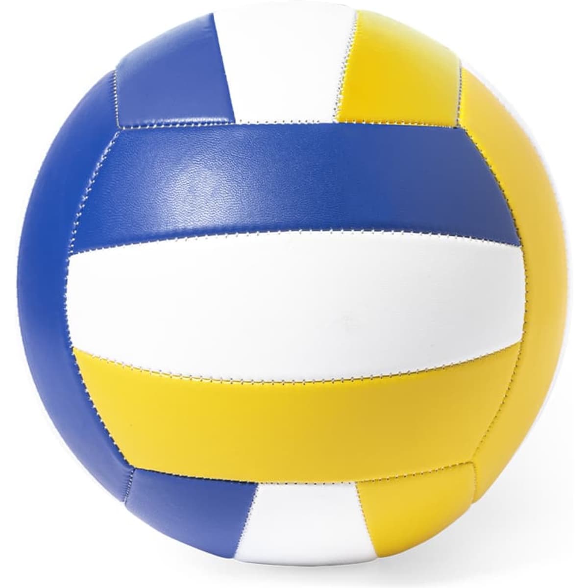 A volleyball in blue, yellow, and white, featuring sections stitched together and a logo.