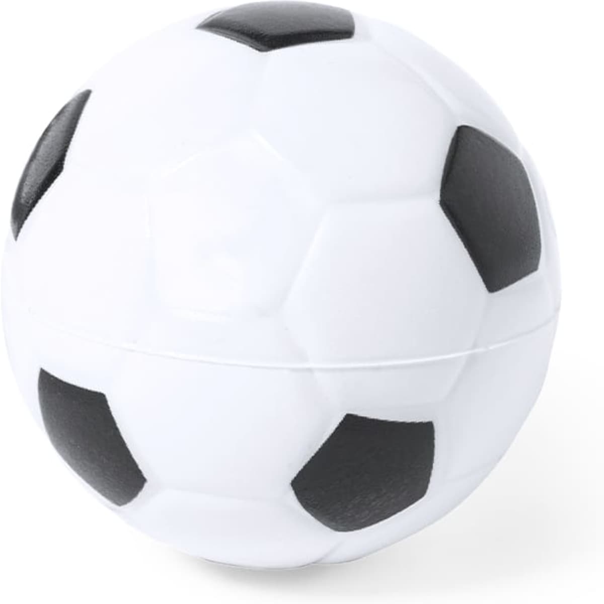 A stress ball shaped like a soccer ball, featuring a white body with black patches.