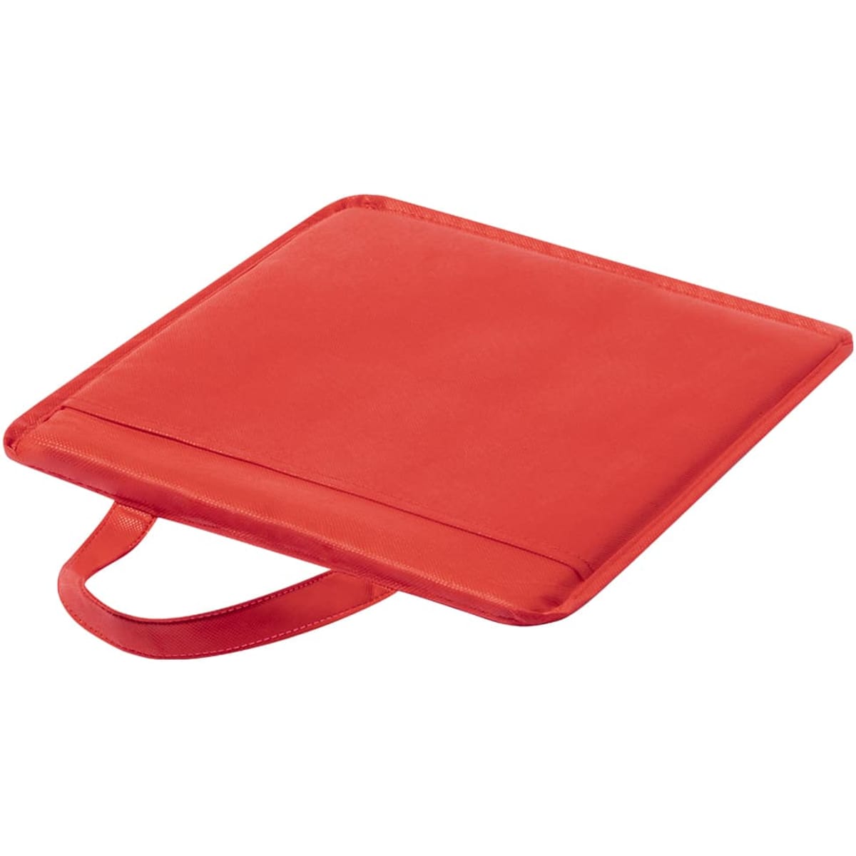 A red, square fabric carrier with a handle, featuring a smooth surface and a simple design. It has a branding logo.