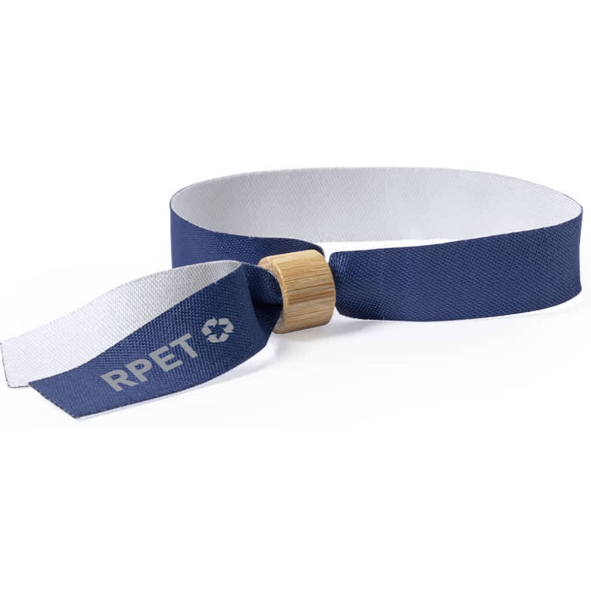 A navy wristband made from RPET material, featuring a silver and bamboo clasp.