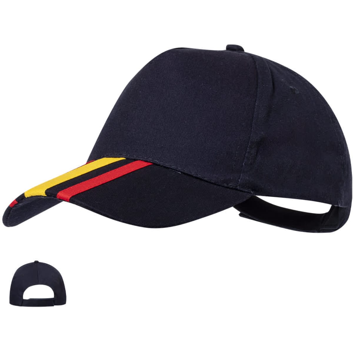 A navy cap featuring a bold red and yellow striped design, with an adjustable back strap and a logo.