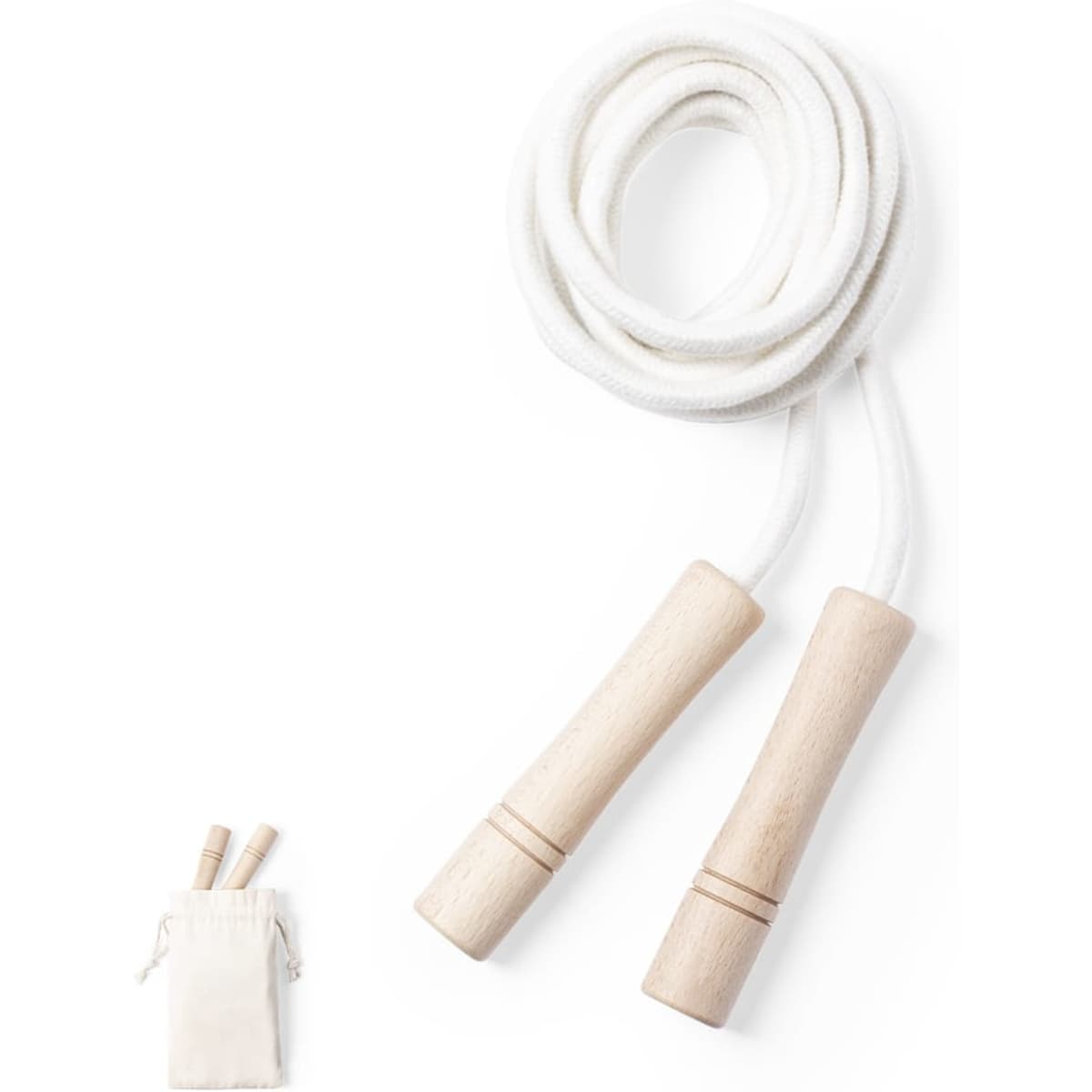 A white jump rope with wooden handles, accompanied by a small storage pouch.