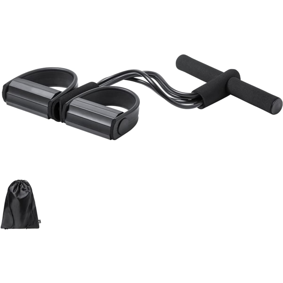 A fitness resistance trainer with dual handles and a curved connecting strap, featuring a black design and a storage bag.
