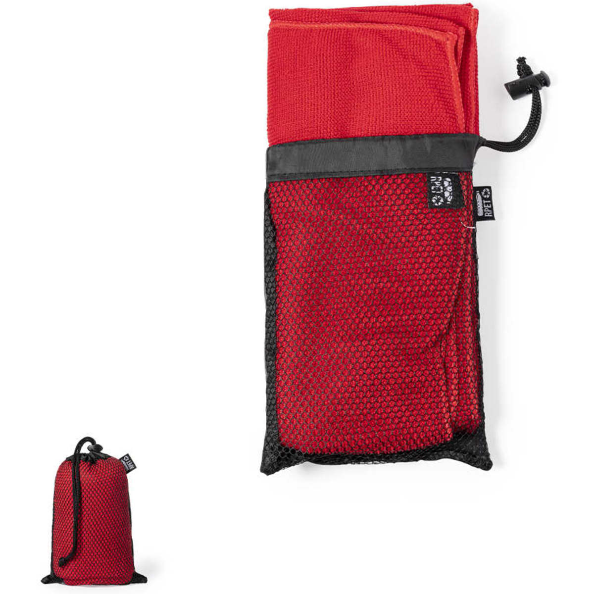 A red hand towel folded and stored in a black mesh pouch, featuring a drawstring closure.