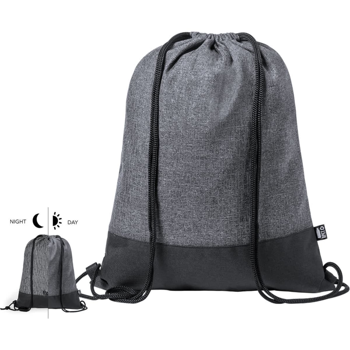 A grey drawstring bag with a black bottom, featuring a logo and adjustable cords.
