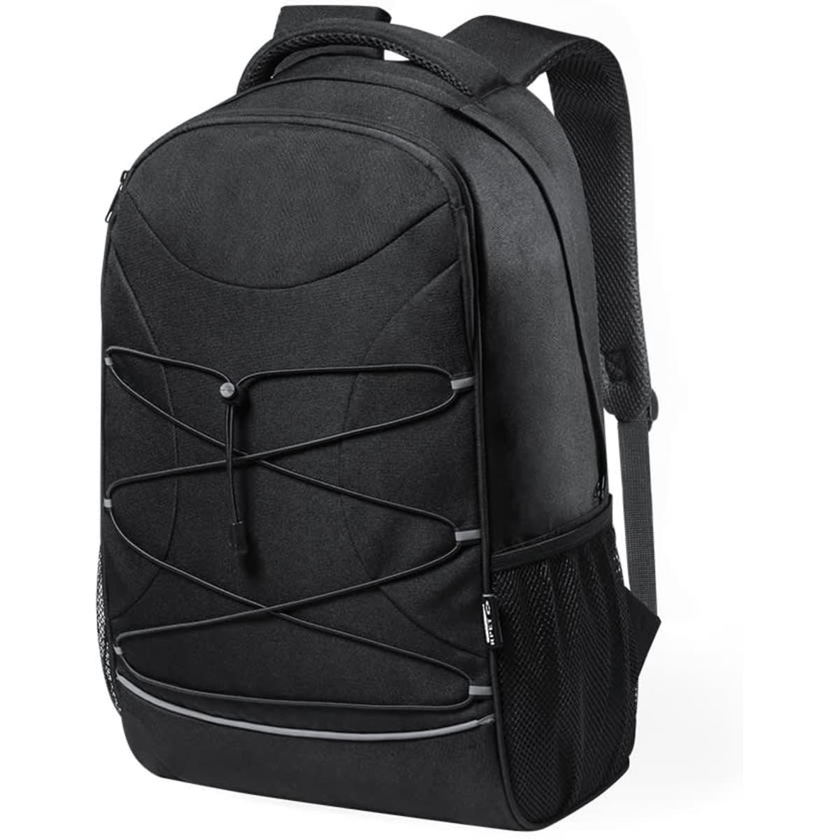 A black backpack with a textured front design, side mesh pocket, and a bungee cord detail for extra storage.