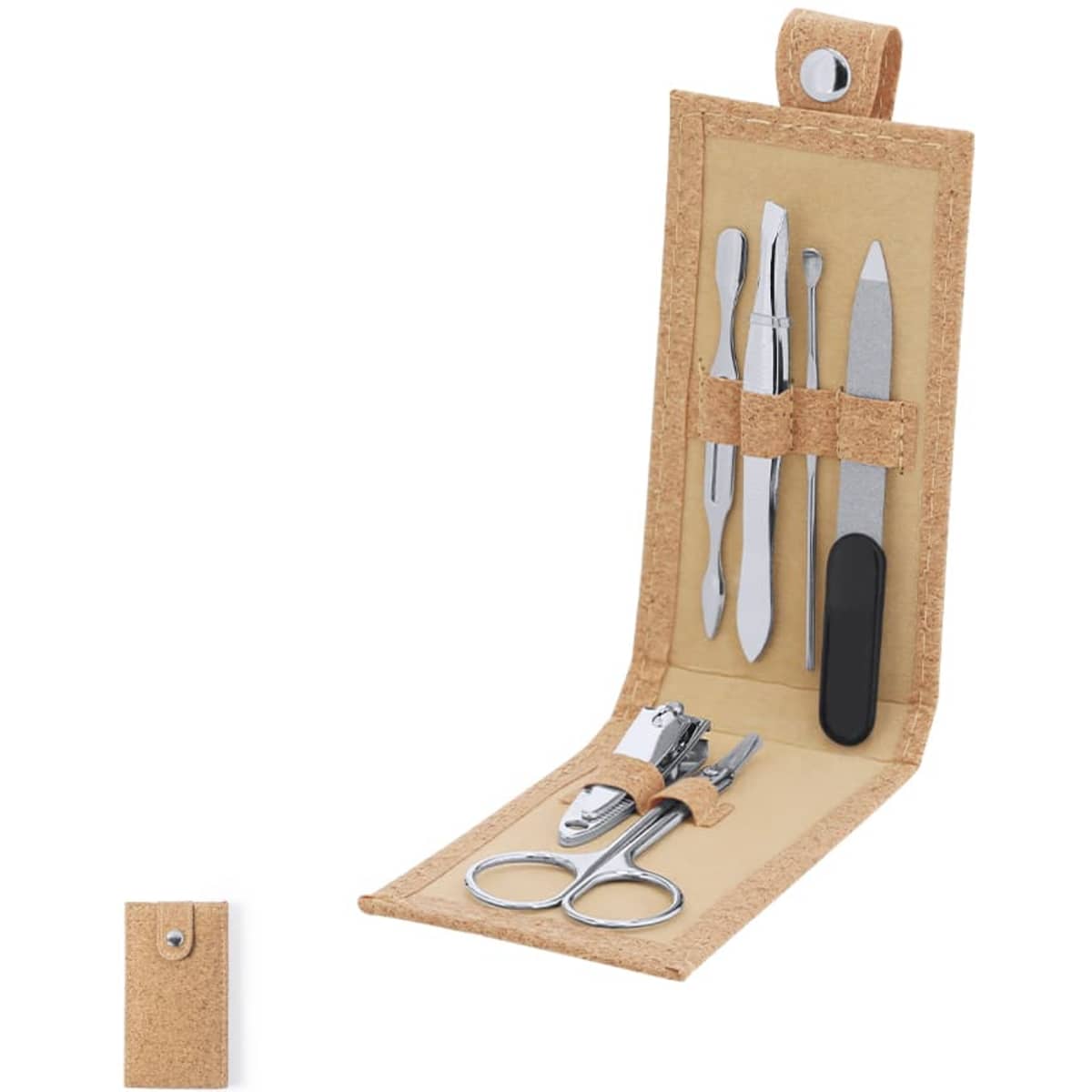 A manicure set in a tan cork case, featuring various stainless steel tools for nail care. The case has a snap closure.