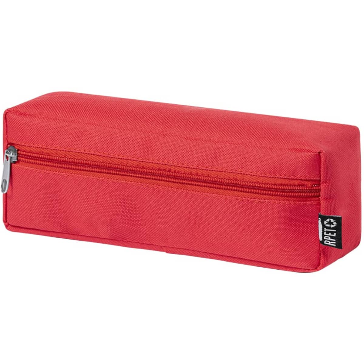 A red pencil case with a zip closure and a logo on the side. The design is simple and rectangular in shape.