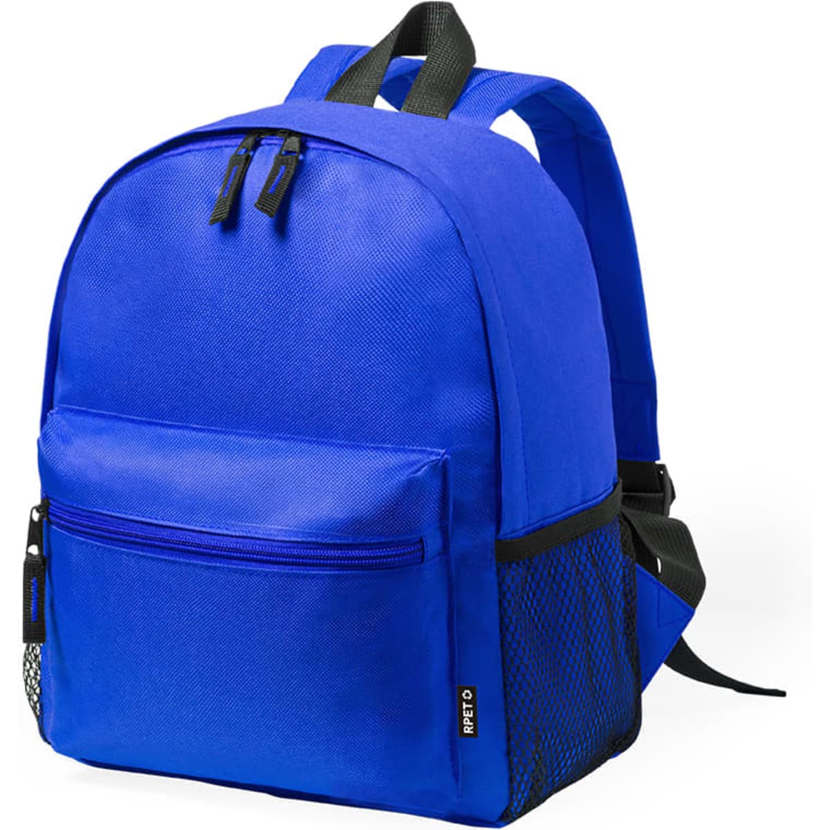 A blue backpack with two zippers and a front pocket, featuring a mesh side pocket and adjustable straps.