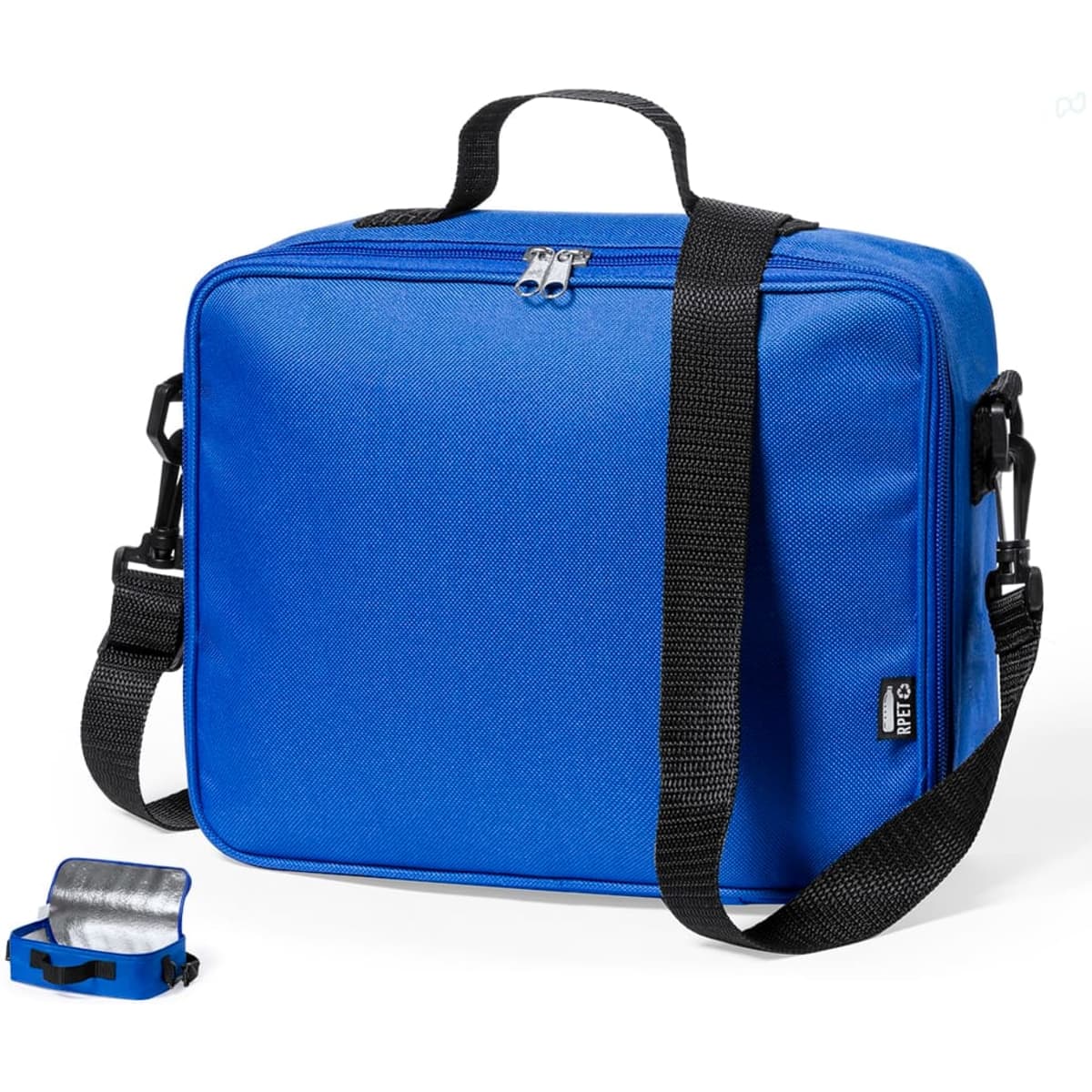 A blue cooler bag with a black strap and a silver cooling element beside it. It has a small logo on the front.