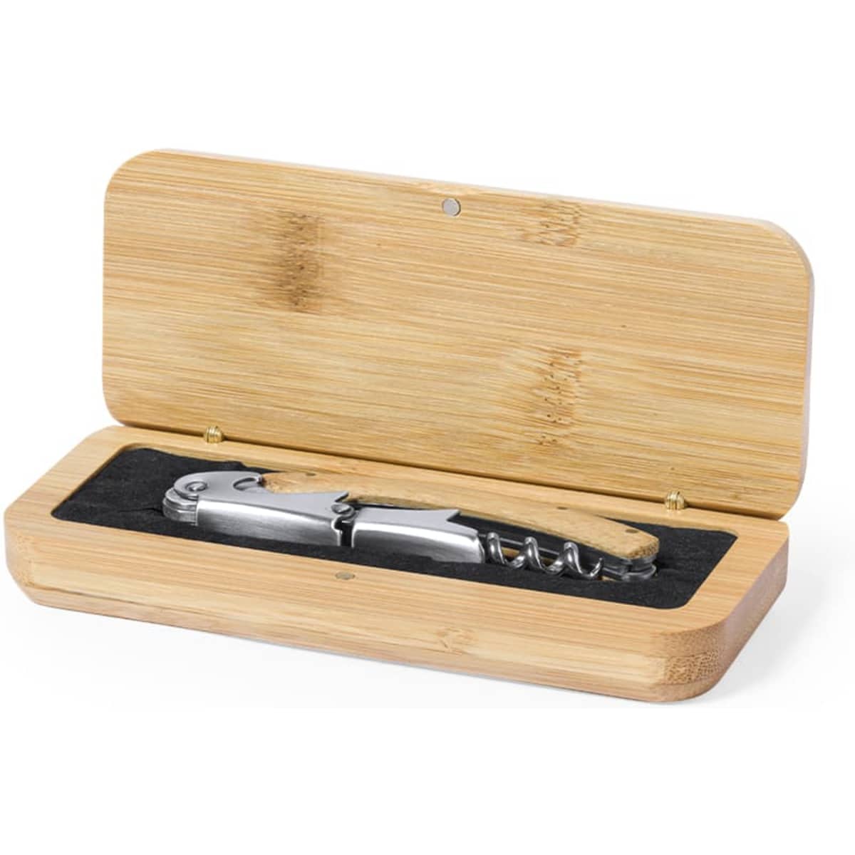 A drink bottle opener with a wooden handle, presented in a bamboo case with a black lining.