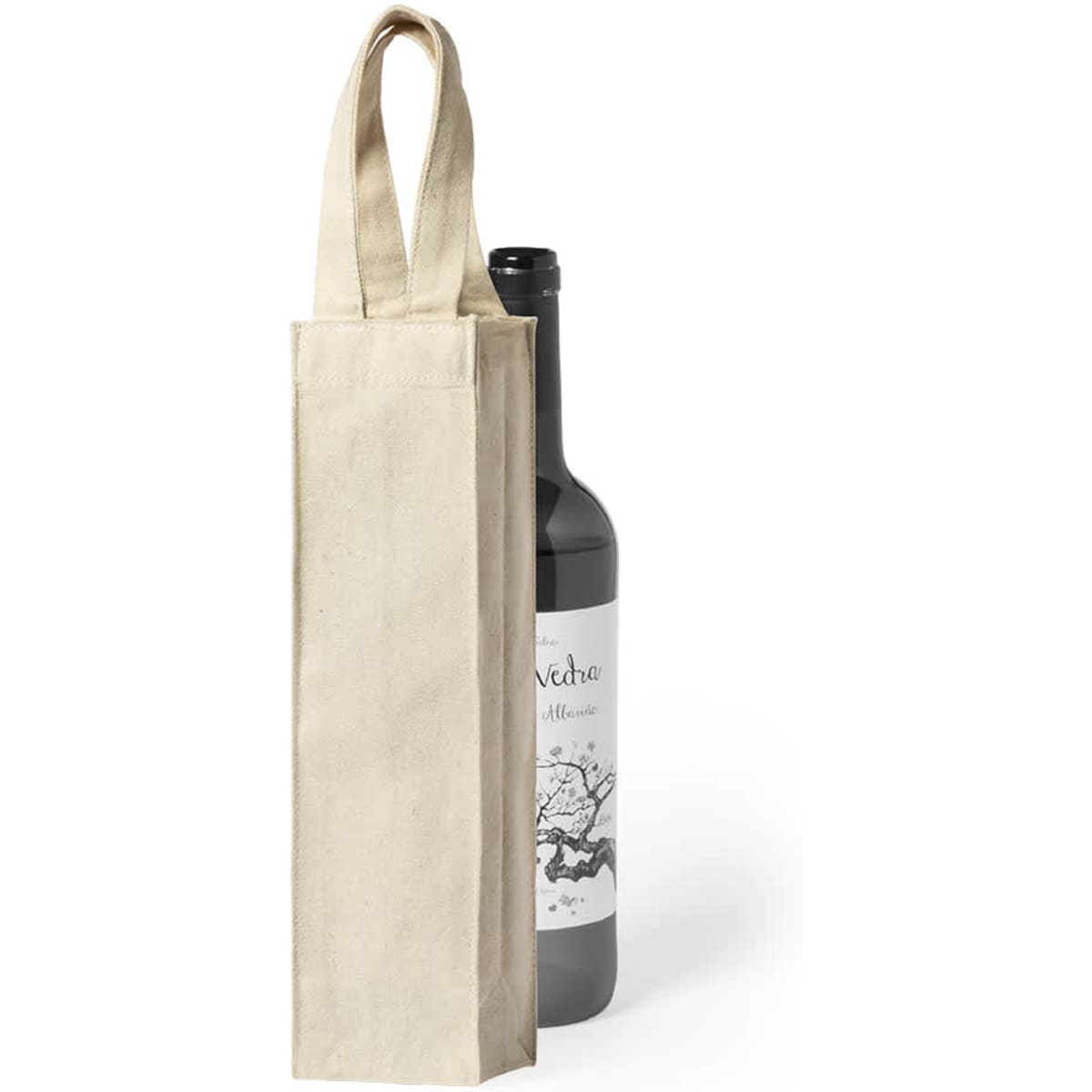 A beige tote bag designed to hold a drink bottle, featuring a simple structure and handles for carrying.