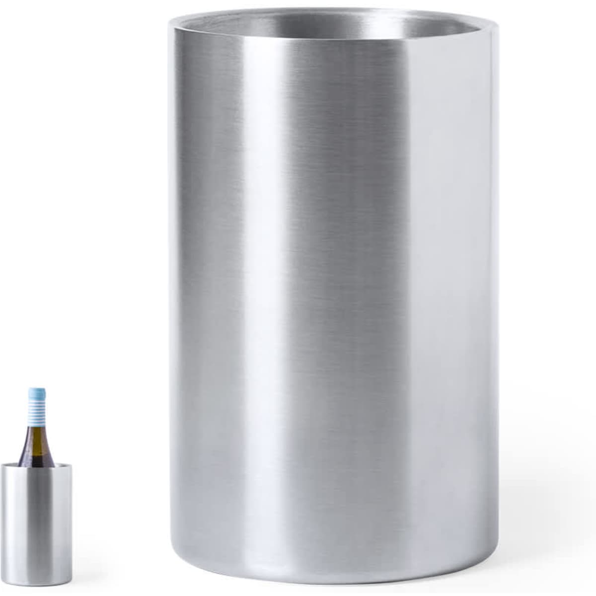 A drink bottle cooler in silver metal finish, featuring a sleek, cylindrical design, with a smaller bottle for scale.