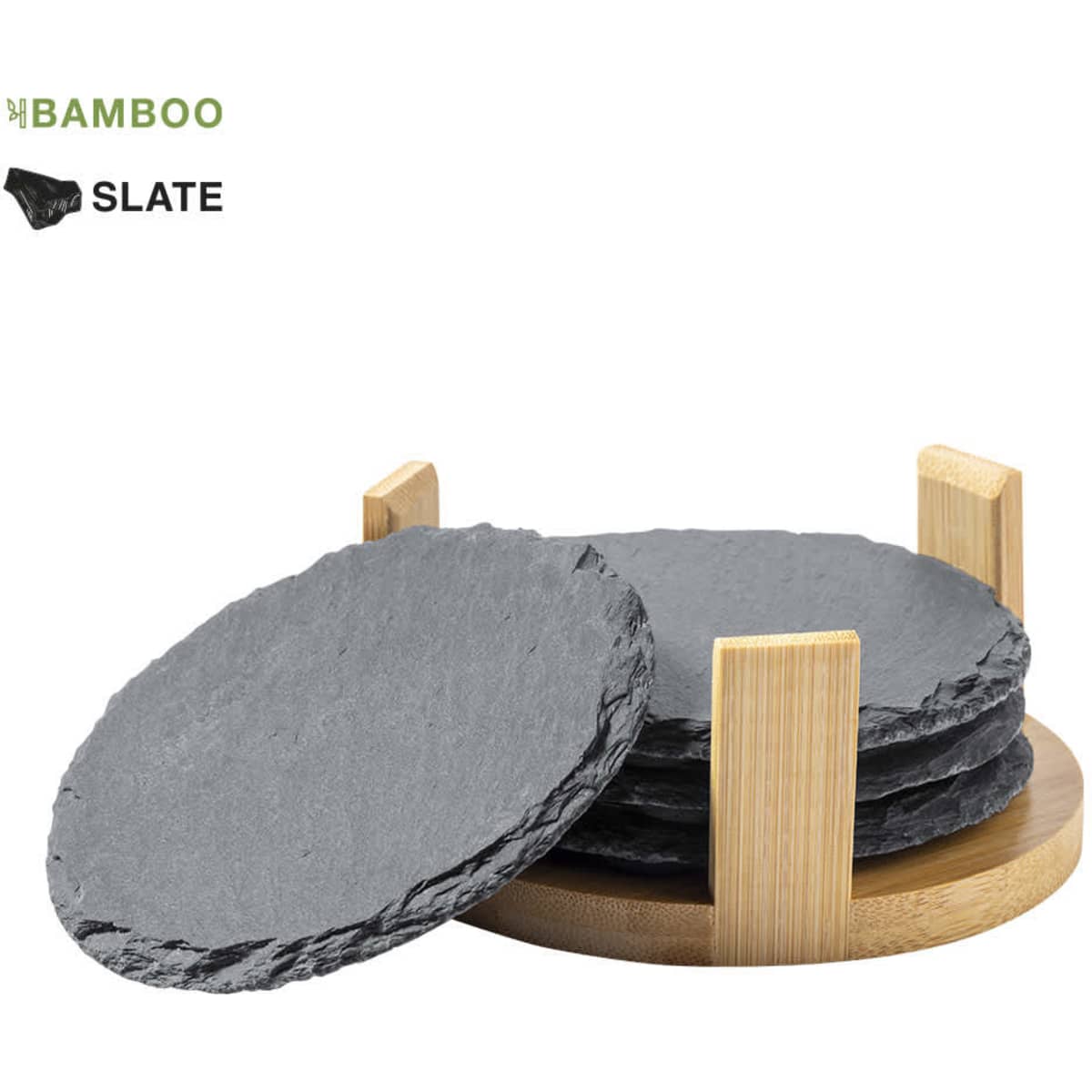 A set of slate coasters displayed on a bamboo holder, featuring round, grey slate coasters.