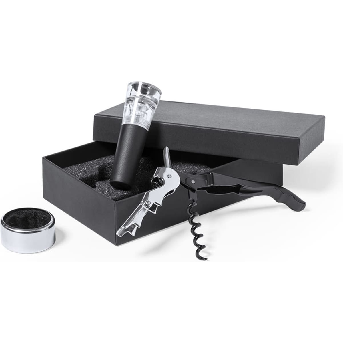 A wine accessory set featuring a silver corkscrew, a glass pourer, and a black box with foam insert. The box has a logo.
