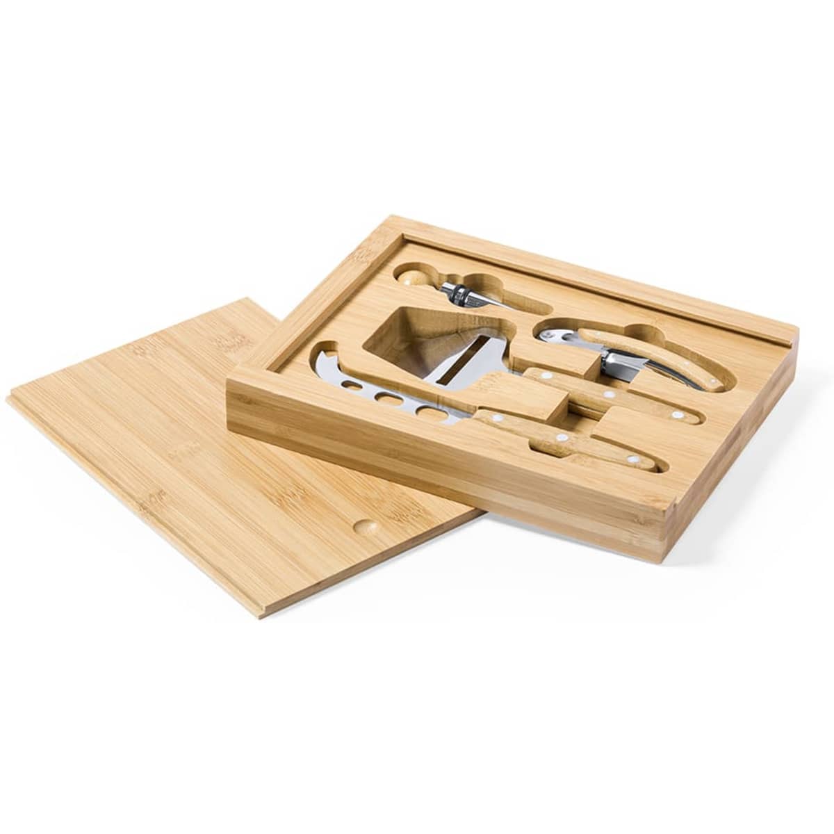 A bamboo cheese board set featuring various stainless steel knives and utensils, with a neatly fitting lid.
