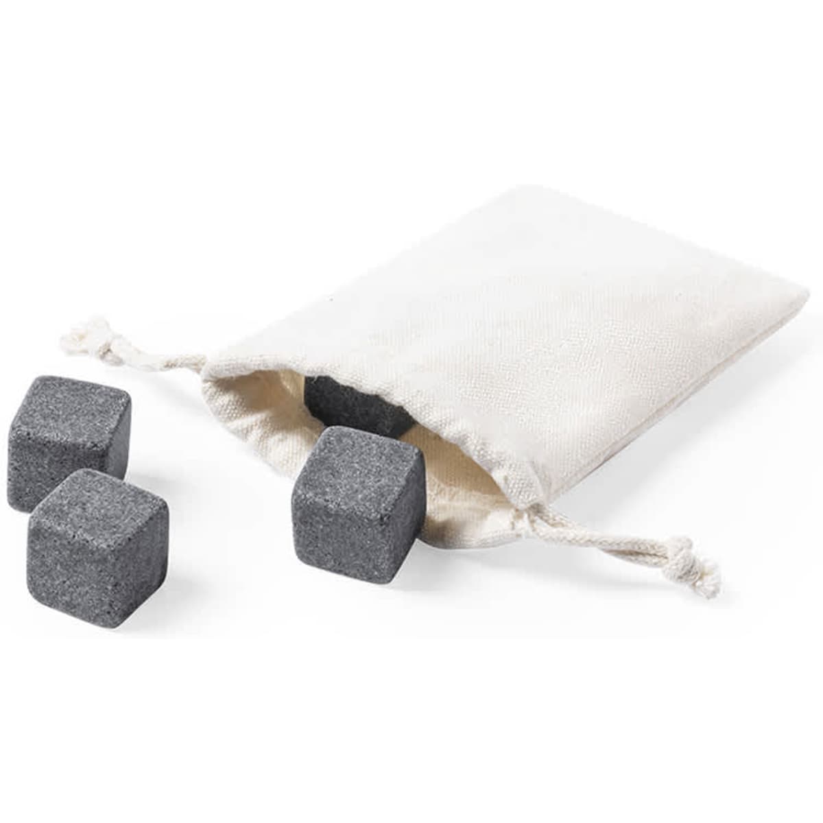 A set of grey whisky stones in a cream fabric pouch, with a few stones partially outside the pouch.