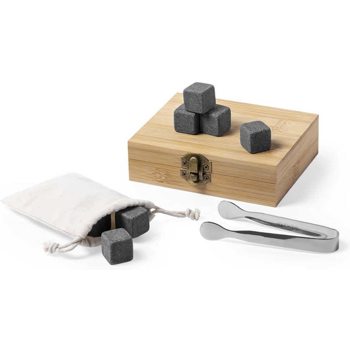 A set of grey whiskey stones in a bamboo box, with a cloth pouch and metal tongs for serving.