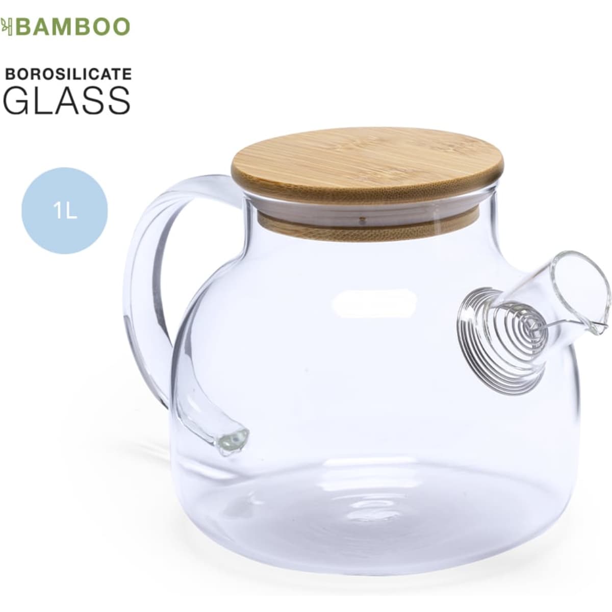 A transparent borosilicate glass teapot with a bamboo lid and a spout, holding 1 litre.