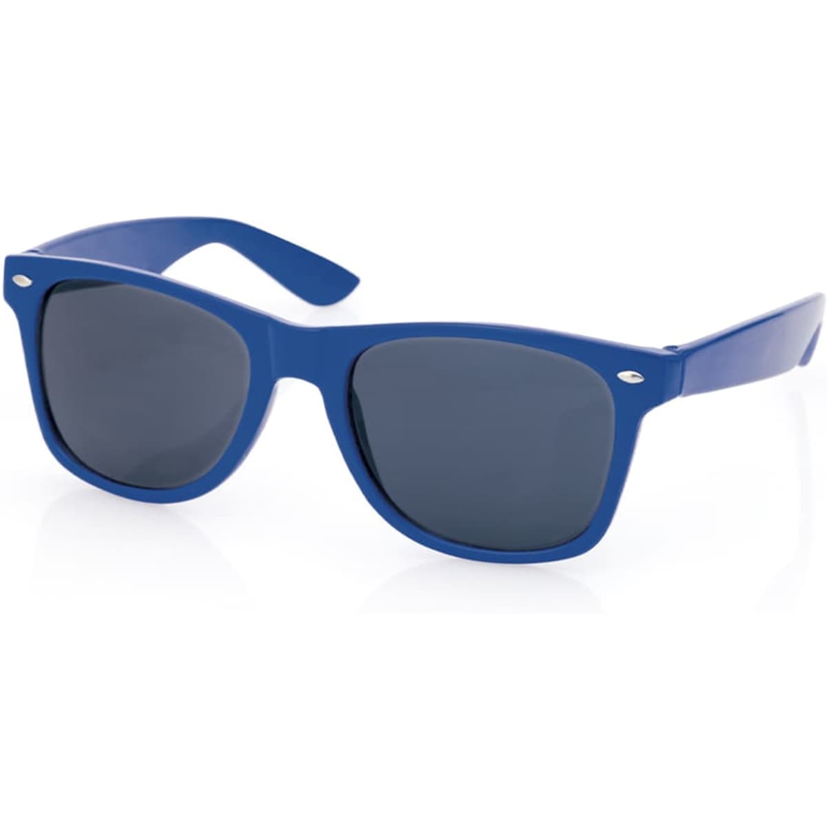 Blue sunglasses with dark lenses and a branded logo on the side. Suitable for leisure and outdoor activities.