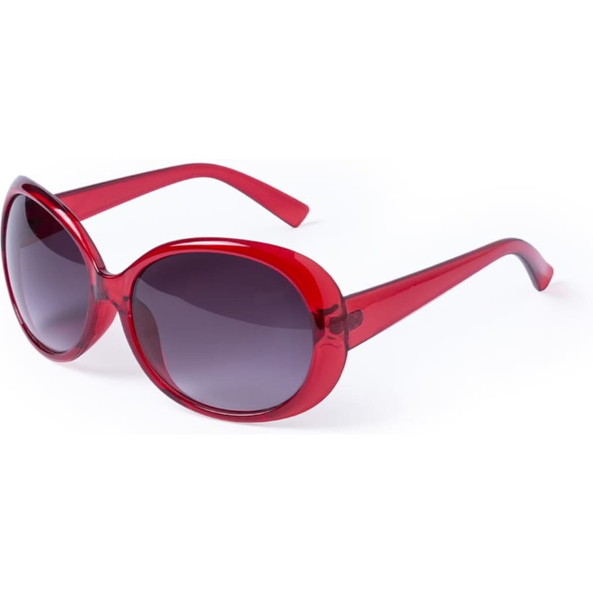 Red sunglasses with a glossy finish and dark tinted lenses, featuring curved frames and sleek arms.