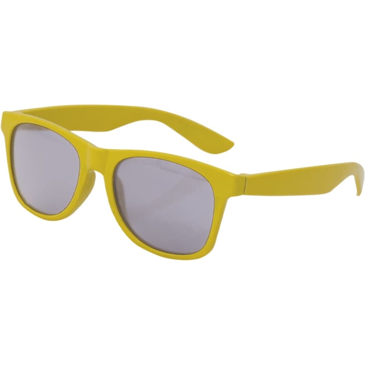 A pair of yellow sunglasses with grey lenses and a logo on the side.
