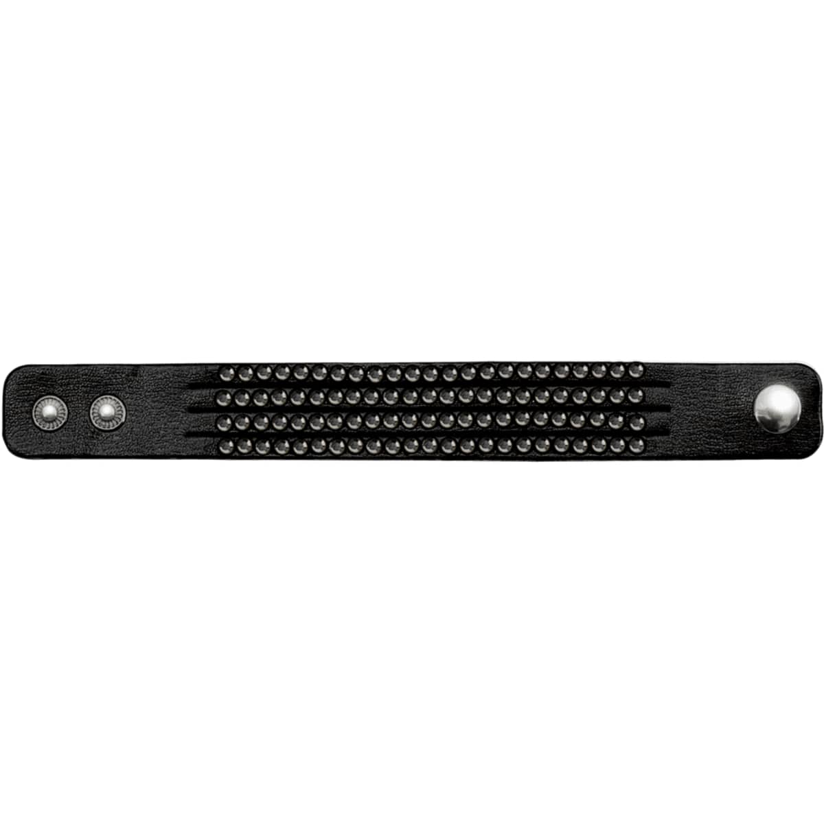 A black bracelet featuring studded embellishments and snap closures, with a minimalist design.