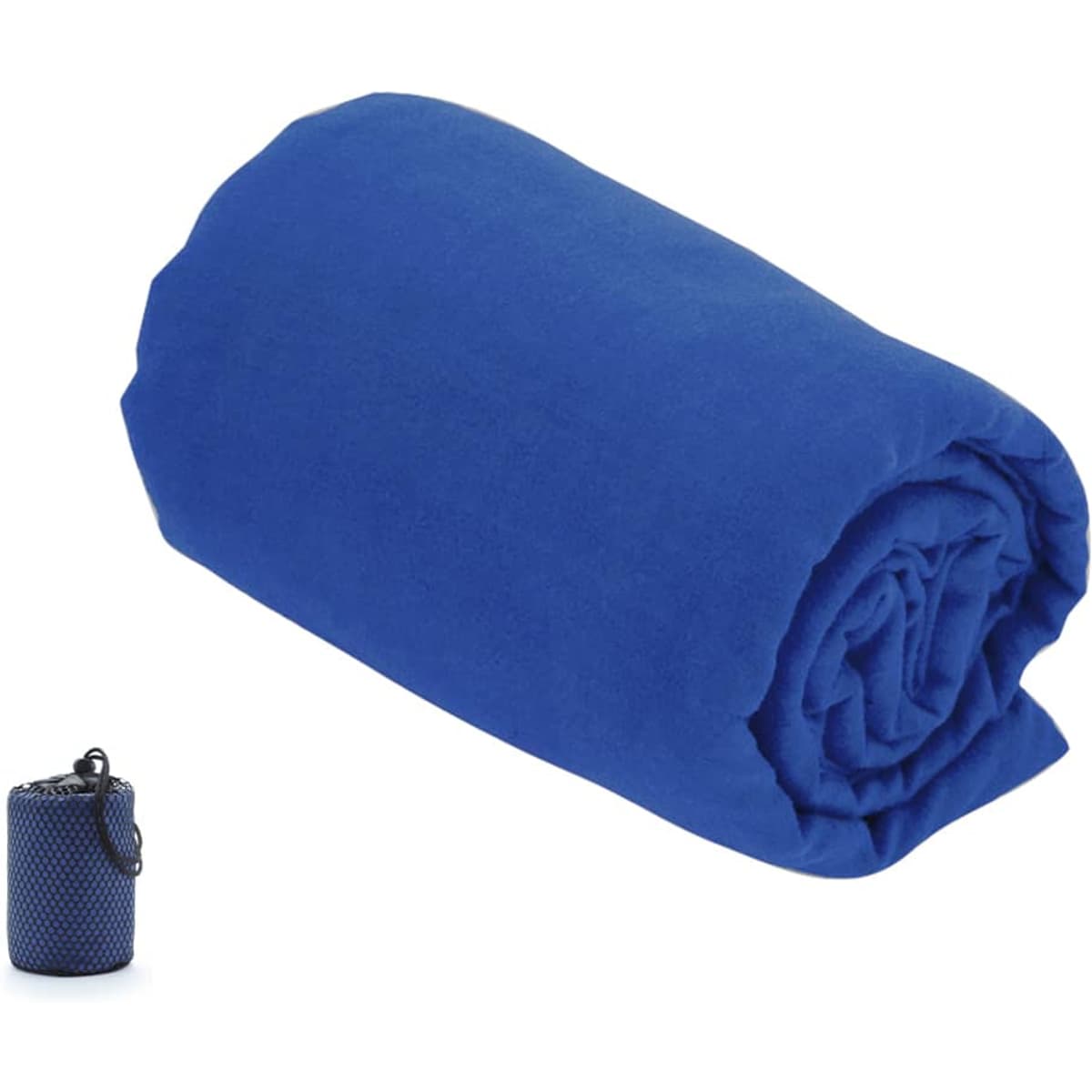 A rolled blue towel with a compact carry pouch. The towel is soft and lightweight, suitable for travel.