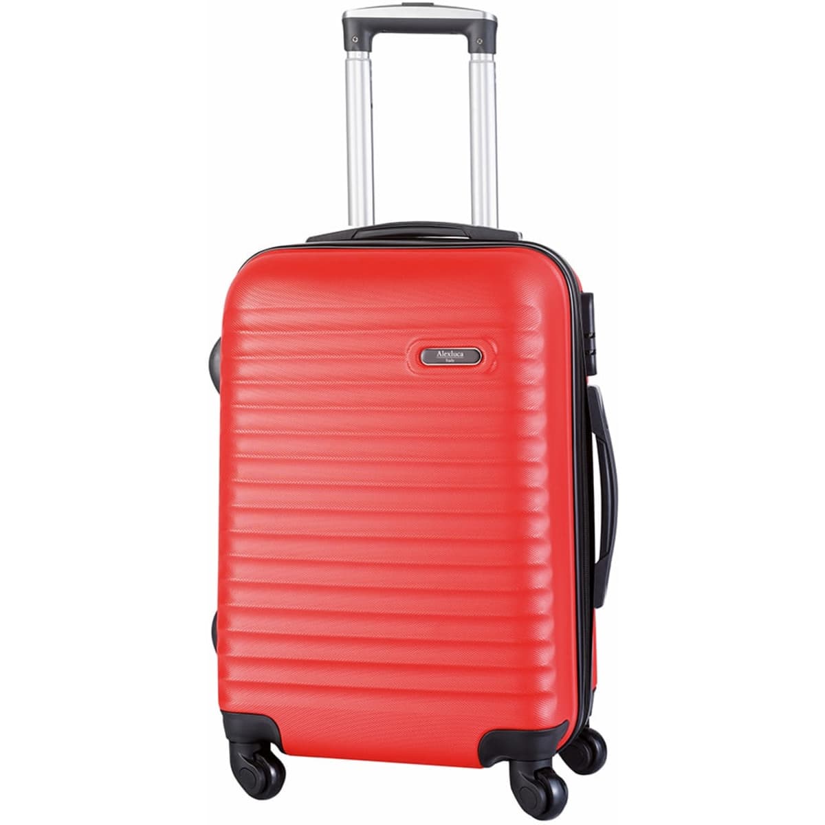 A red wheeled bag with a ribbed texture, featuring a retractable handle and four wheels for mobility.
