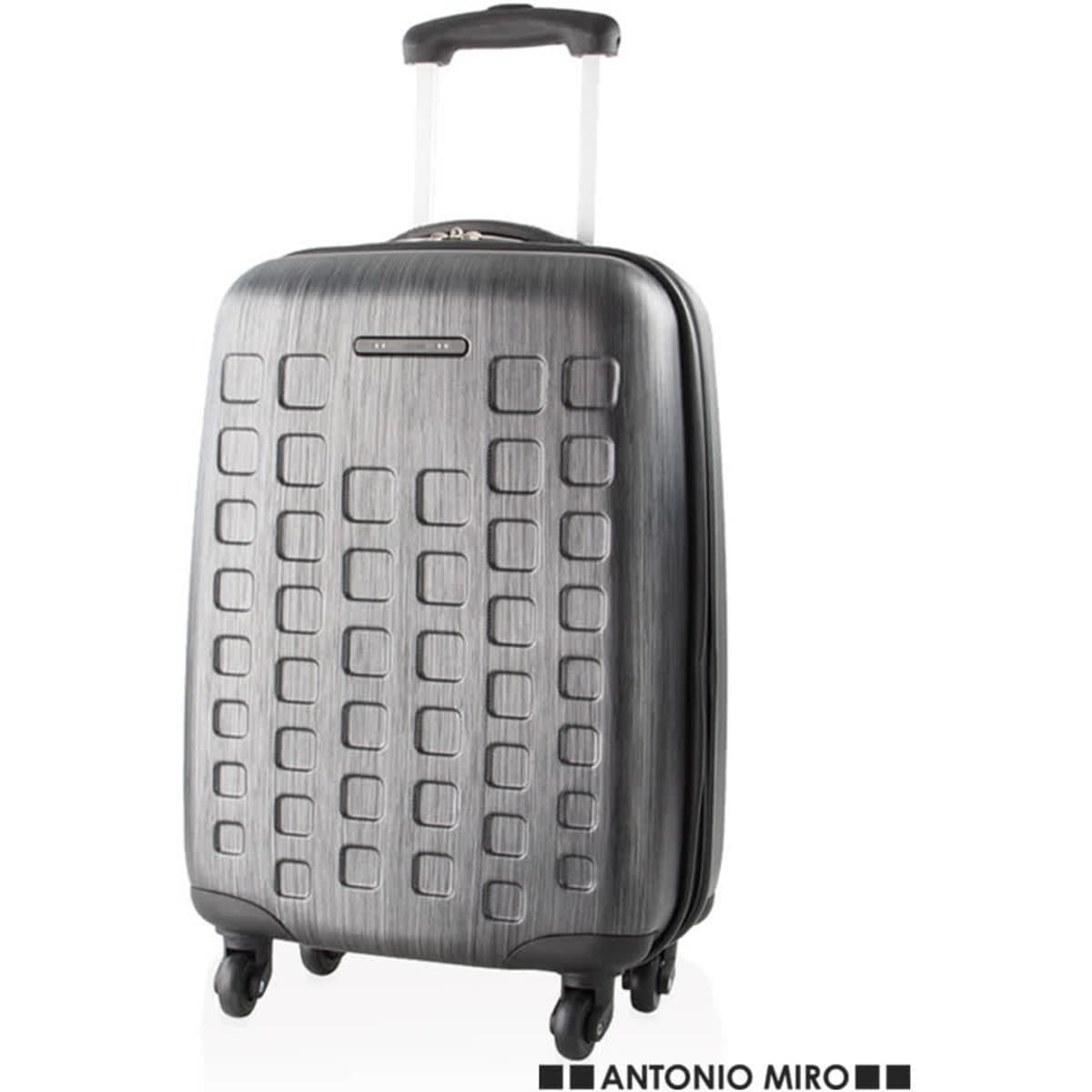 A wheeled bag in metallic grey with a textured surface and a retractable handle. It features a branding logo.