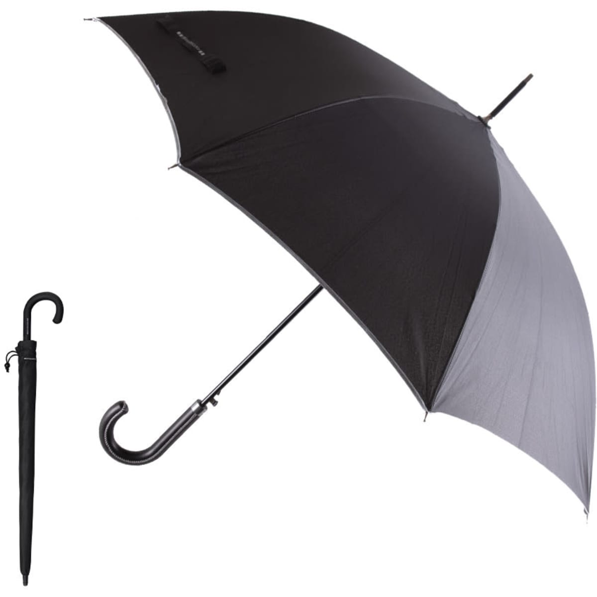 A black and grey umbrella with a curved handle and a logo. The umbrella is open, showcasing its canopy.