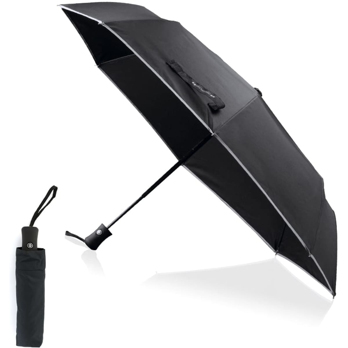 A black umbrella with a sleek design, featuring a branding logo and a matching black carrying sleeve.