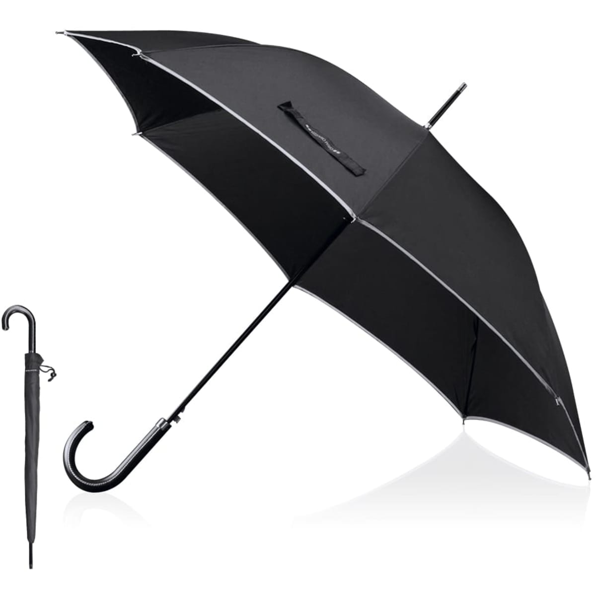 A black umbrella with a curved handle and a compact design, featuring a branding logo.