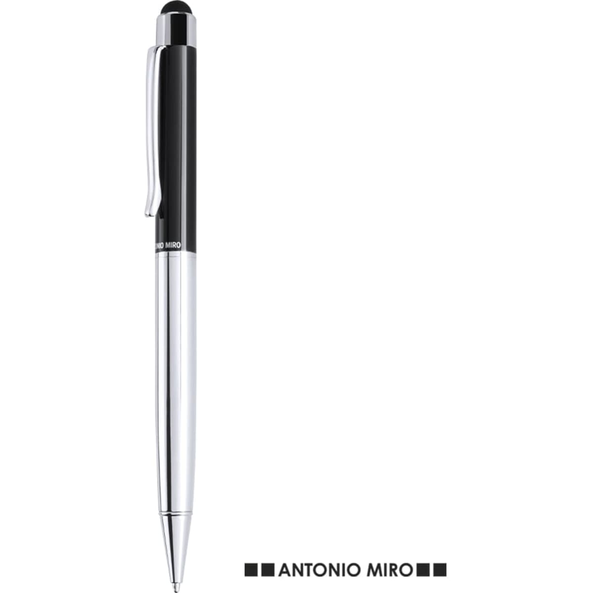 A black and silver ballpoint pen with a stylus tip and a branding logo.
