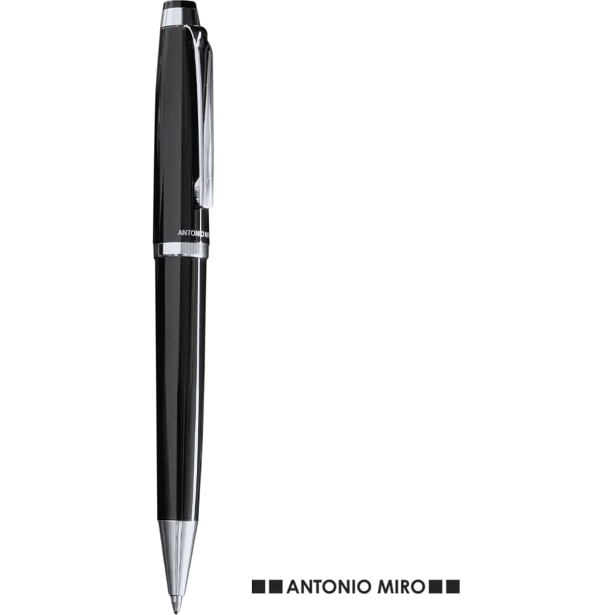 A black metal pen with a shiny silver clip and branding on the barrel.