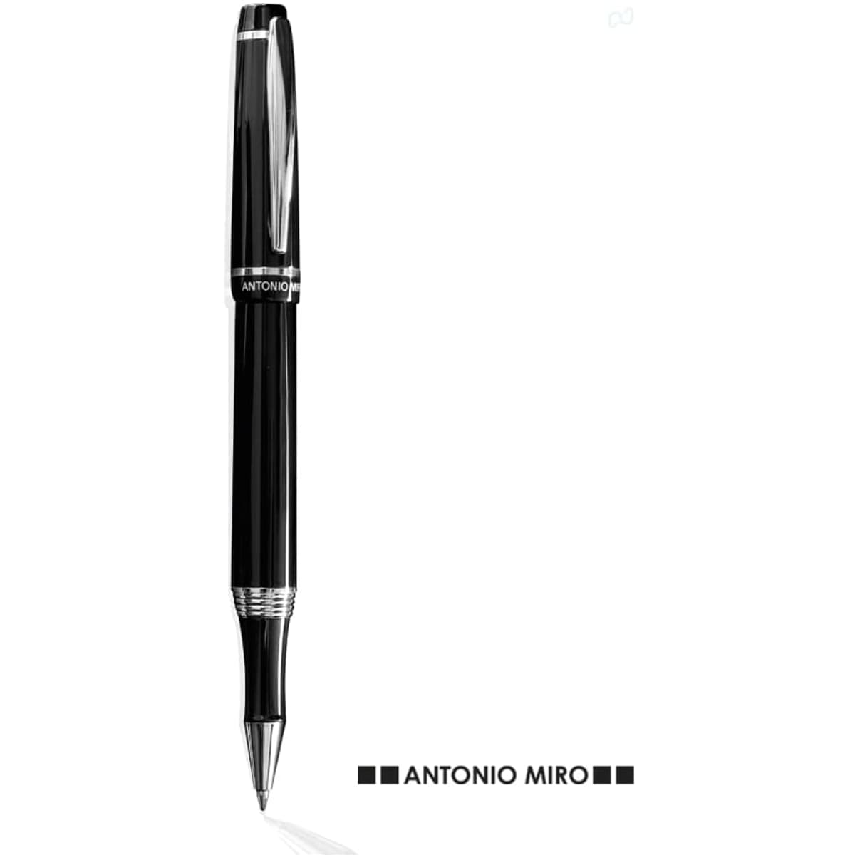 A black ballpoint pen with a sleek design, featuring silver accents and a branding logo.
