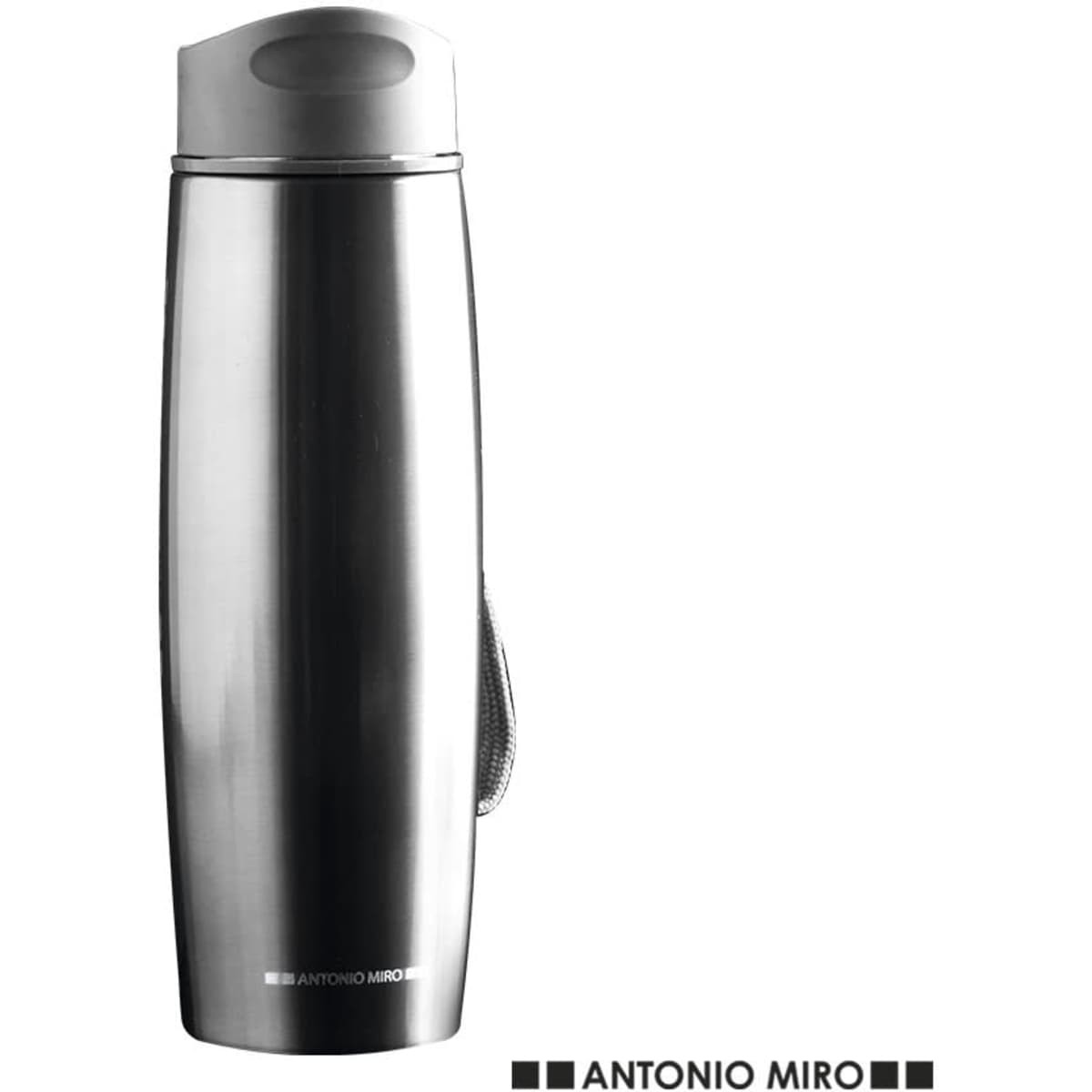 A drink bottle in silver stainless steel with a sleek design and a carrying strap, featuring a logo.