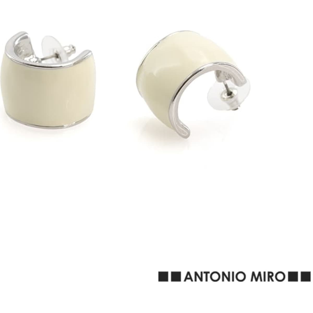 A pair of cream-coloured cuff earrings with silver accents, featuring a logo.
