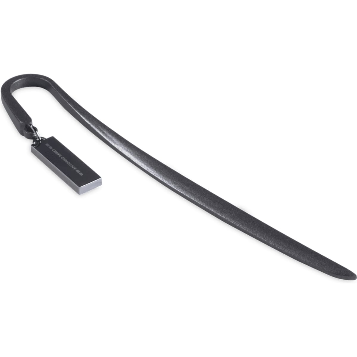 A black bookmark with a curved end and a rectangular tag, featuring a logo or branding.